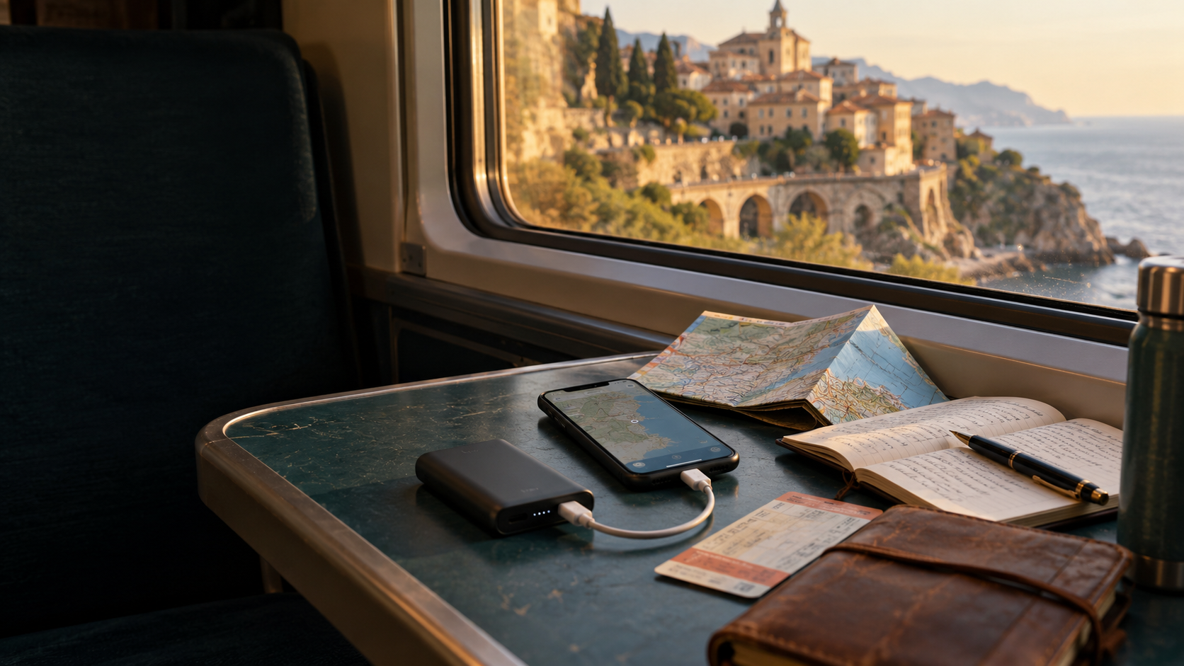 A phone charging from a portable battery beside a map, notebook, and train ticket on a European train