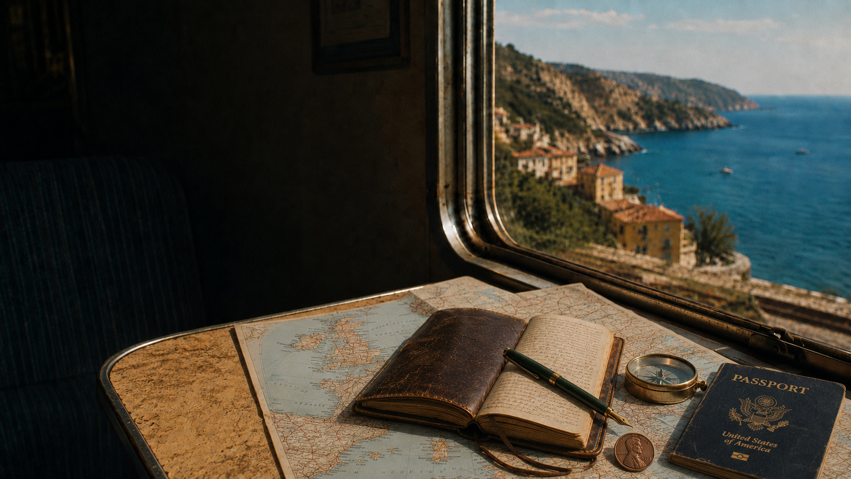 A passport, coins, travel journal, and map on a table beside a European train window