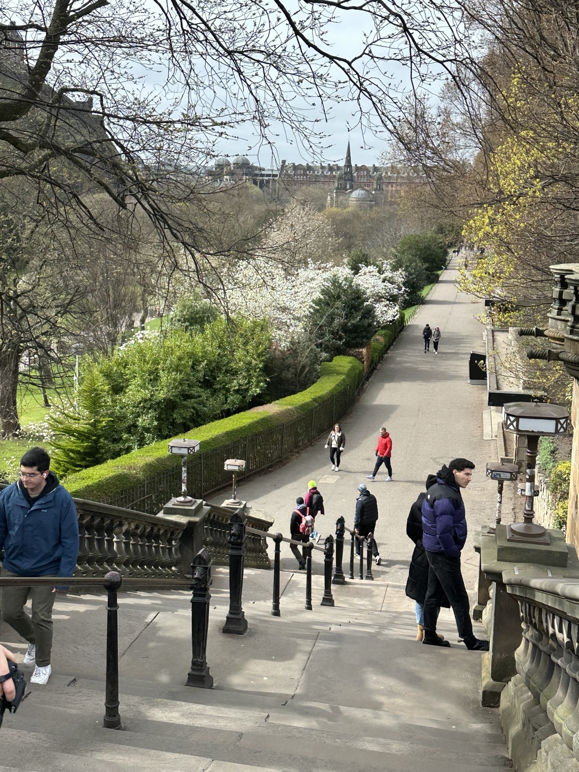 A spring view across Edinburgh gardens and stone steps